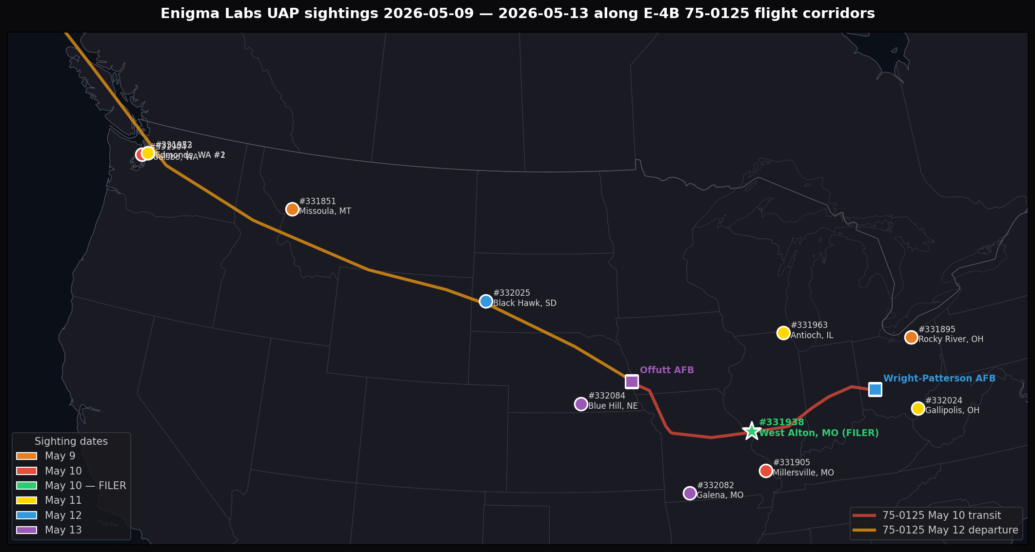 Map showing 12 Enigma UAP sightings color-coded by date along the E-4B flight paths