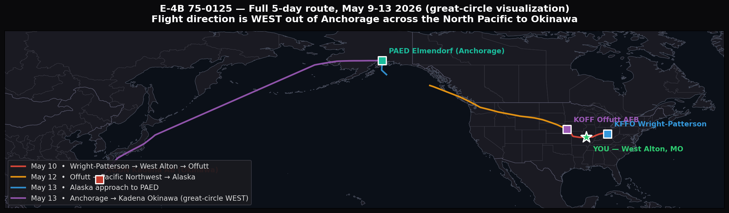 Full 5-day route of E-4B 75-0125 May 9-13 2026 with state borders and cities