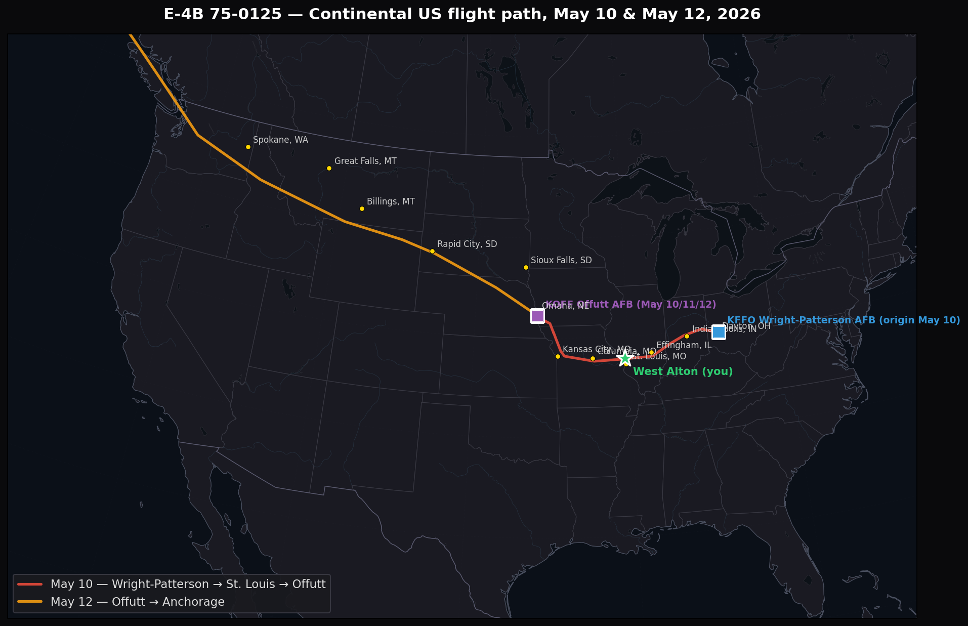 Continental US map May 10 + May 12 flight paths with city labels