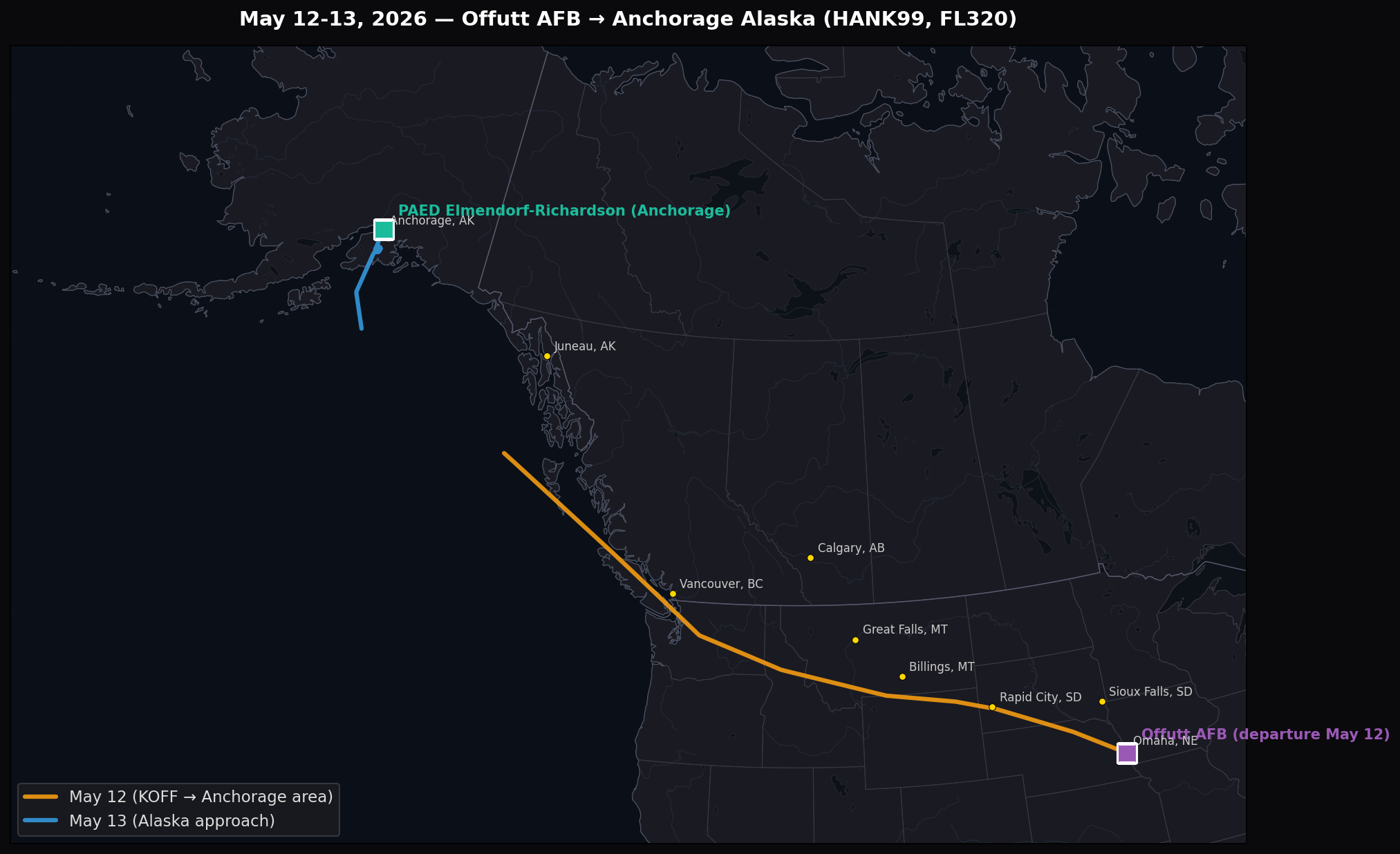May 12-13 transit Offutt to Anchorage with city labels
